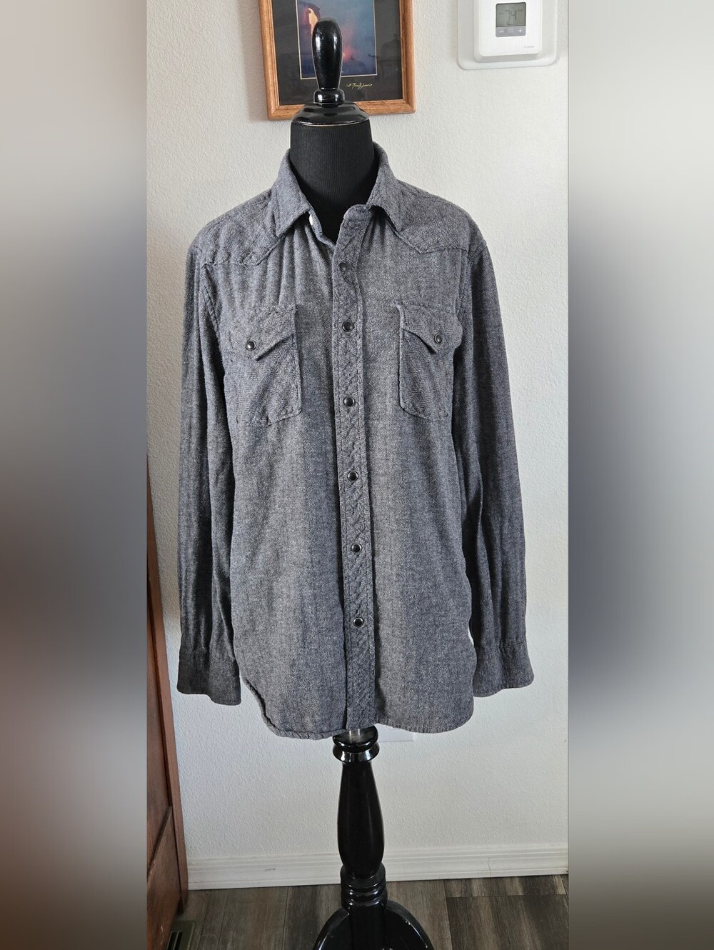 Roebuck & Co. Men's Casual Charcoal Grey Button-Down Western Shirt - Size M